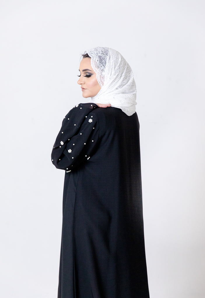 Black Faux Double Abaya with White Pear Embellishment and Chiffon Sleeves