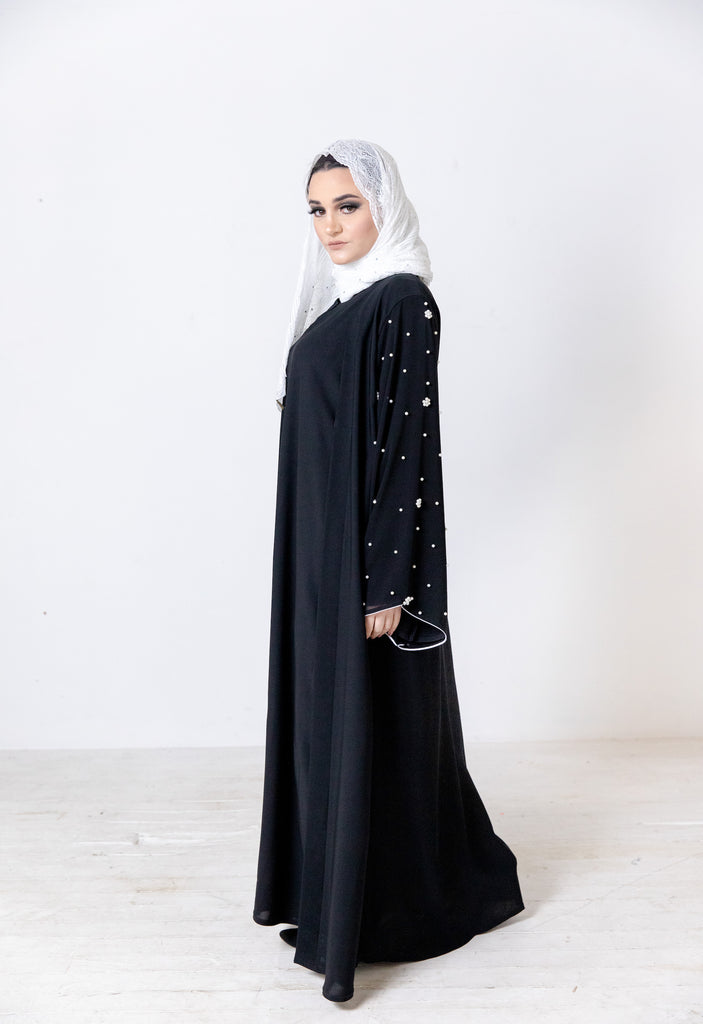 Black Faux Double Abaya with White Pear Embellishment and Chiffon Sleeves
