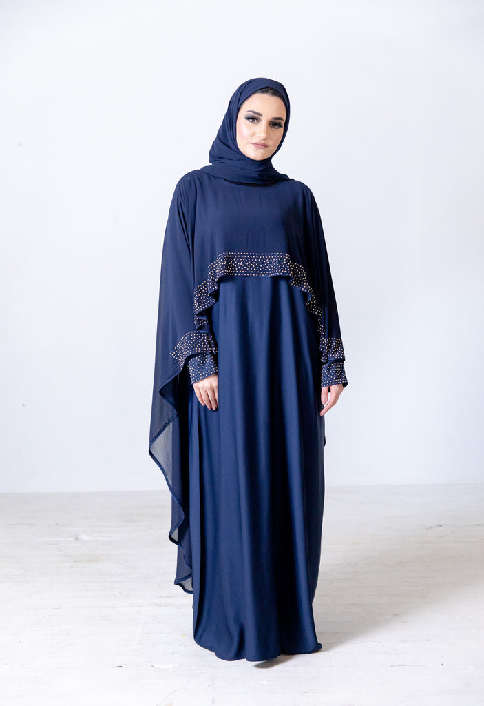Navy Luxury White Pearl and Diamante Chiffon Cape Closed Abaya