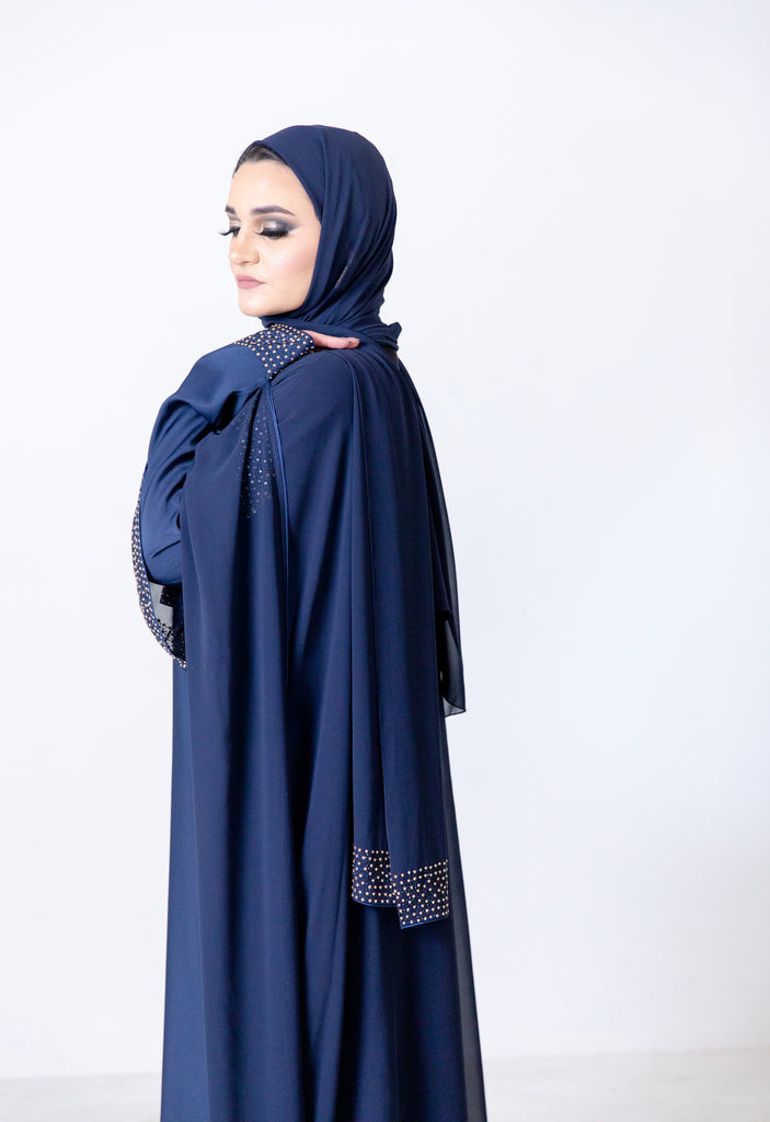Navy Luxury White Pearl and Diamante Chiffon Cape Closed Abaya