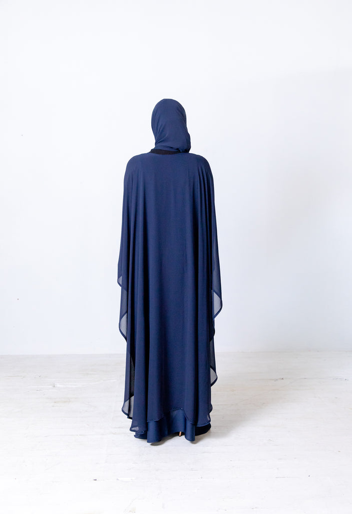 Navy Luxury White Pearl and Diamante Chiffon Cape Closed Abaya