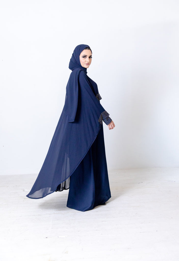Navy Luxury White Pearl and Diamante Chiffon Cape Closed Abaya