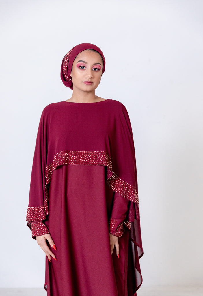 Maroon Luxury Pearl and Diamante Chiffon Cape Closed Abaya