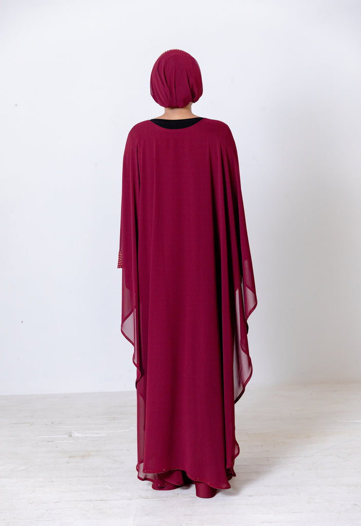 Maroon Luxury Pearl and Diamante Chiffon Cape Closed Abaya