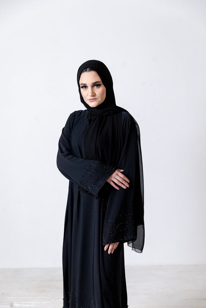 Plain Black Closed Abaya with Black Pearls and Diamante