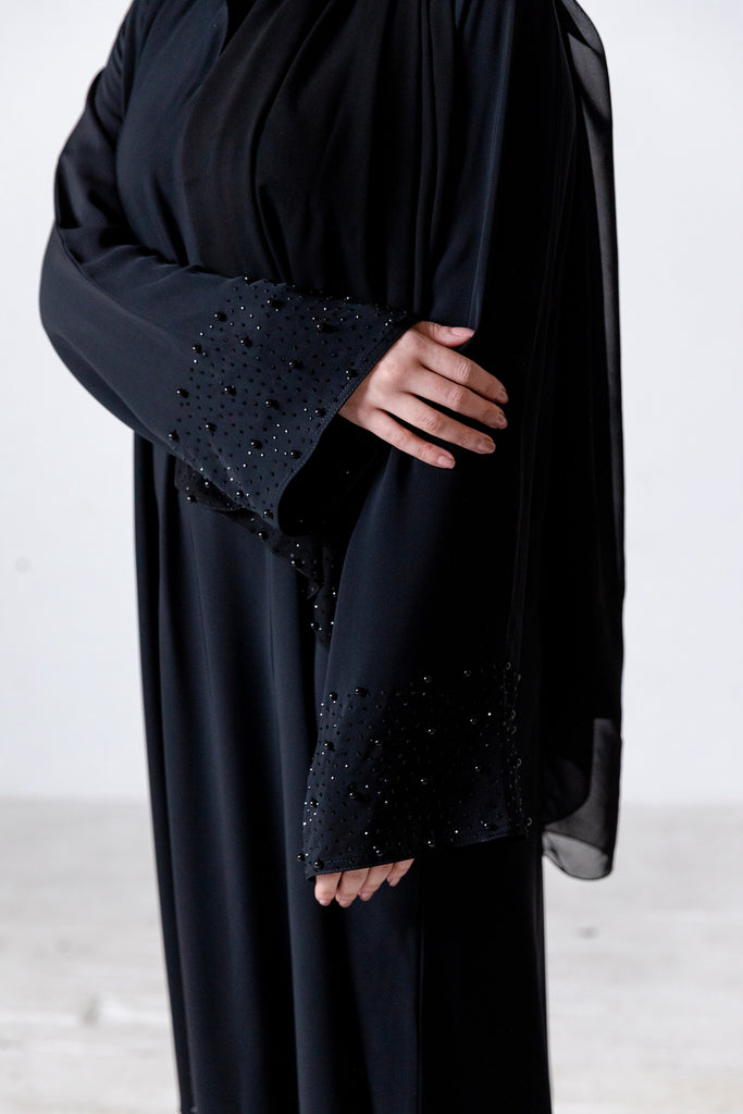 Plain Black Closed Abaya with Black Pearls and Diamante