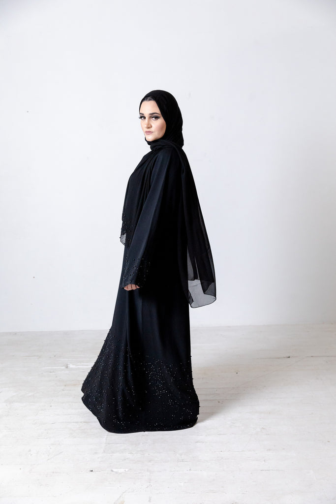Plain Black Closed Abaya with Black Pearls and Diamante