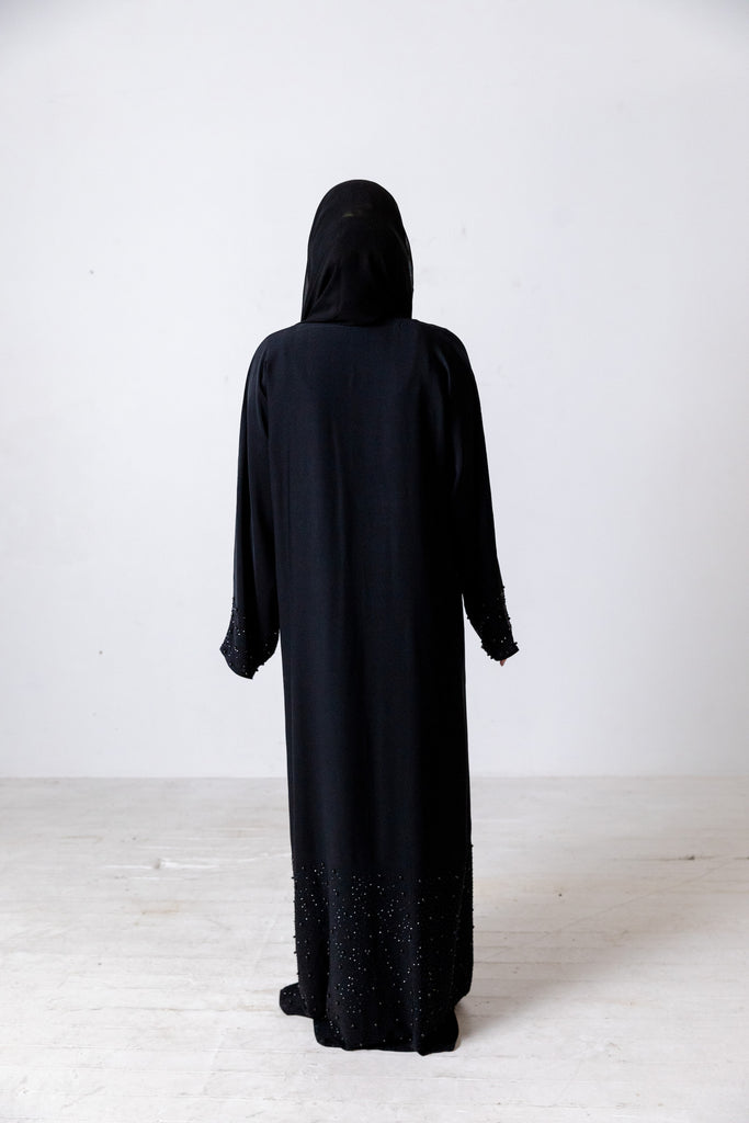 Plain Black Closed Abaya with Black Pearls and Diamante