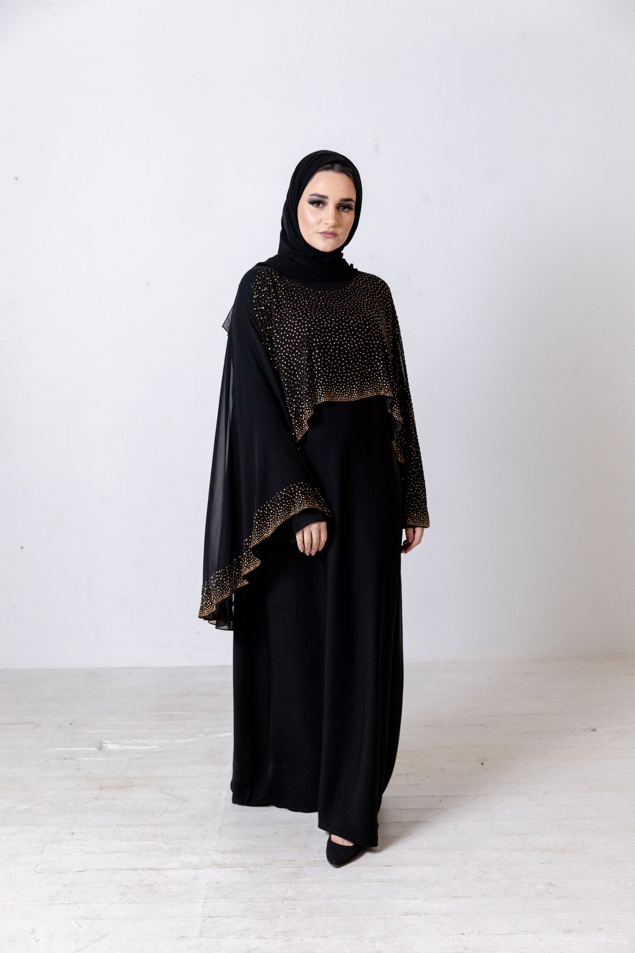Golden Luxury Chiffon Cape Closed Abaya with Stone work