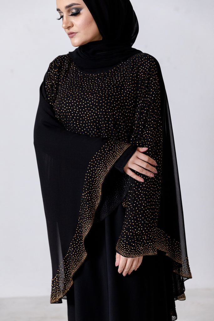 Black Closed Cape Abaya – Luxury Chiffon Design with Gold Stonework