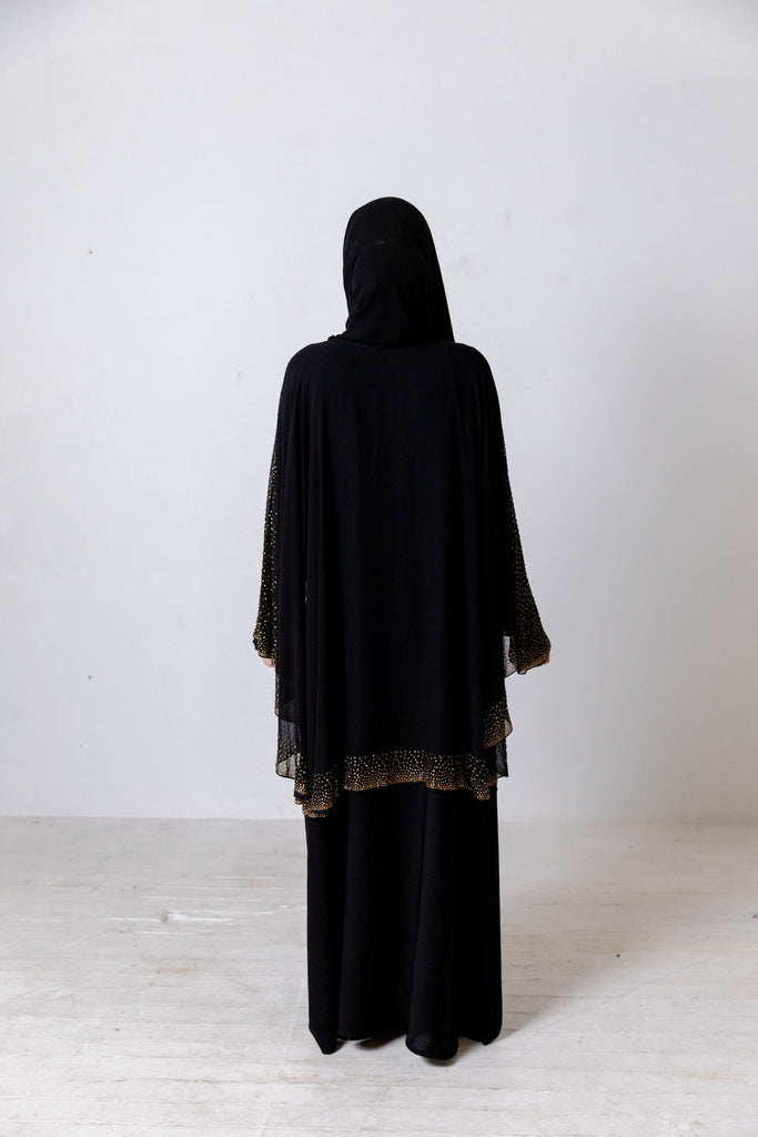 Black Closed Cape Abaya – Luxury Chiffon Design with Gold Stonework