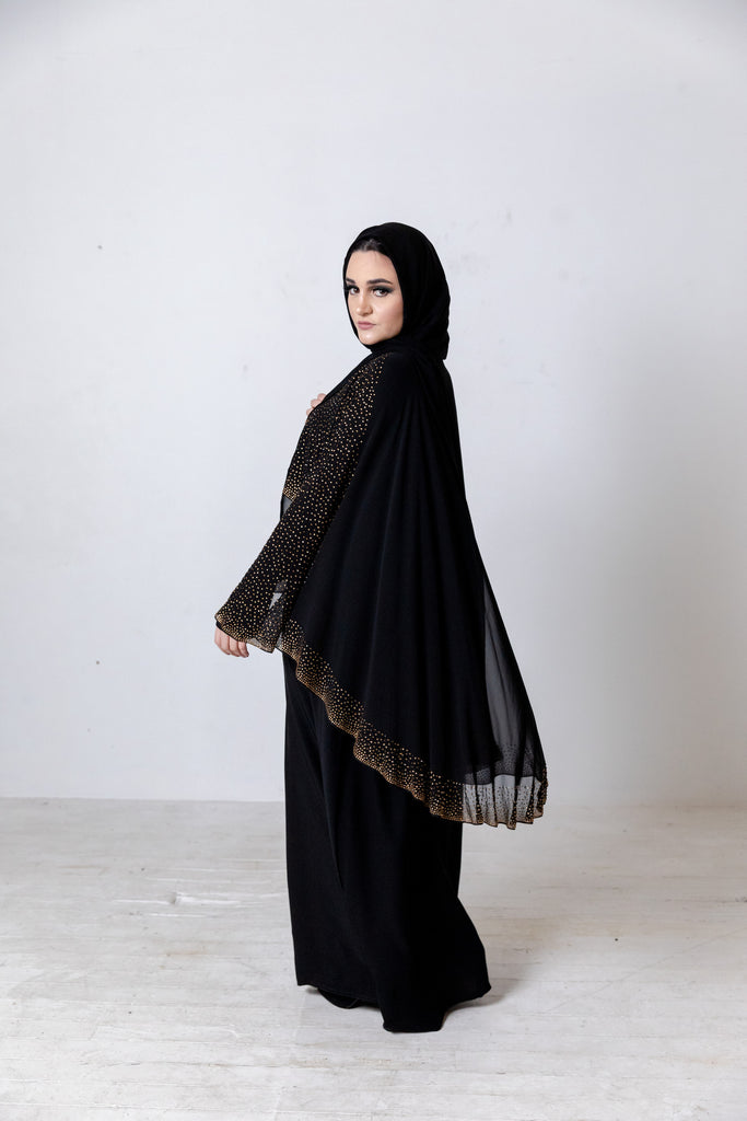 Black Closed Cape Abaya – Luxury Chiffon Design with Gold Stonework