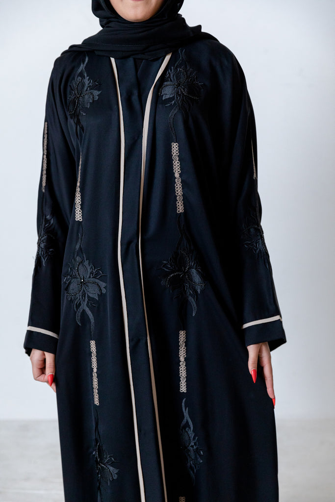 Black Border Open Abaya with Gold Embroidery and Black Beads