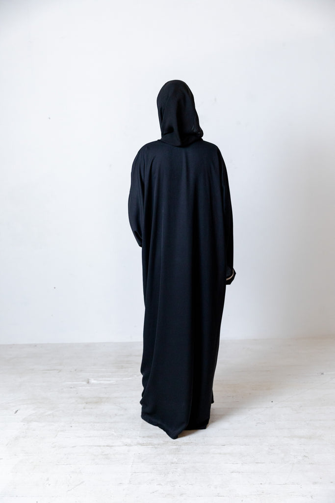 Black Border Open Abaya with Gold Embroidery and Black Beads