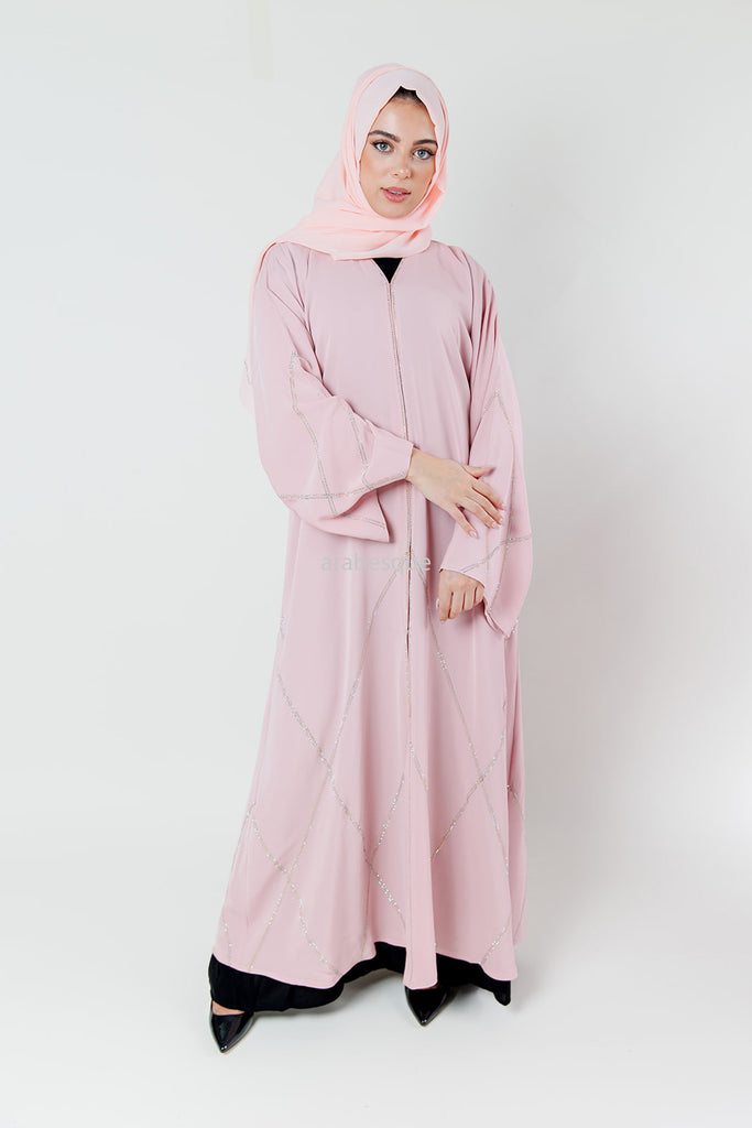 Pink Open Abaya – Luxury Nidha Fabric with X-Pattern Diamante Embellishment