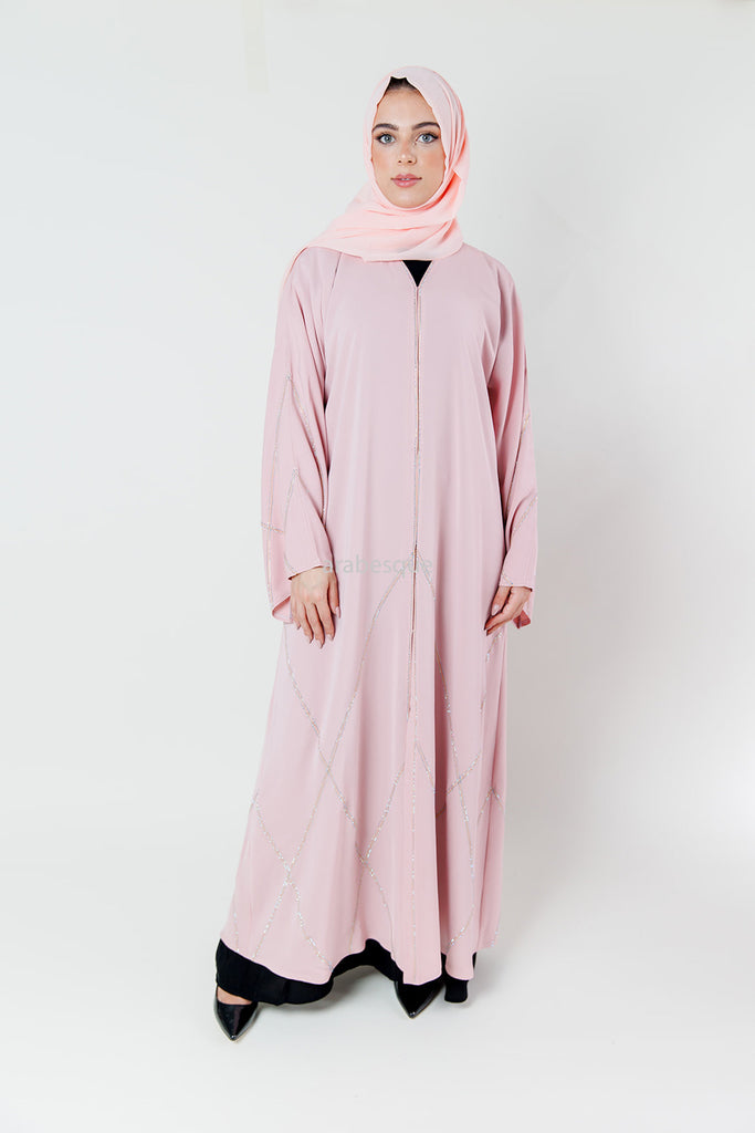 Pink Open Abaya – Luxury Nidha Fabric with X-Pattern Diamante Embellishment