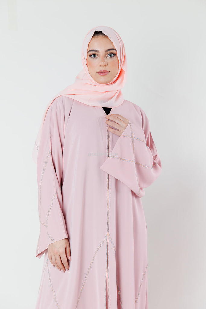 Pink Open Abaya – Luxury Nidha Fabric with X-Pattern Diamante Embellishment