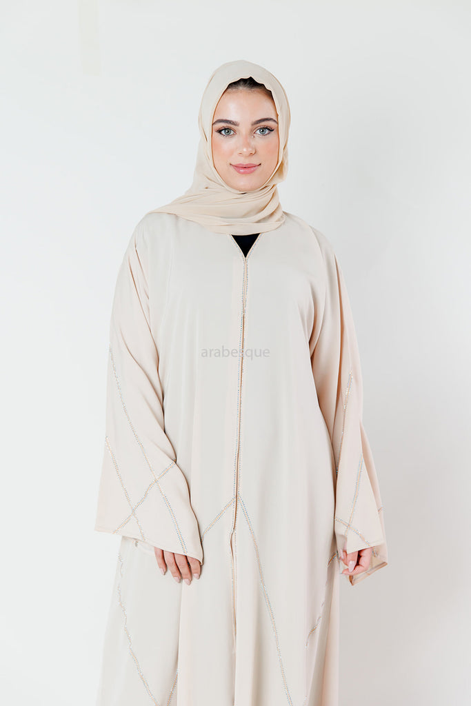 Beige Open Abaya - Luxury Nidha Fabric with Vertical Diamante Embellishment