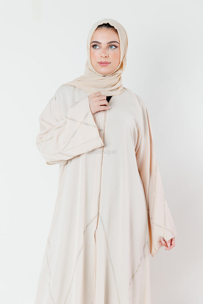 Beige Open Abaya - Luxury Nidha Fabric with Vertical Diamante Embellishment