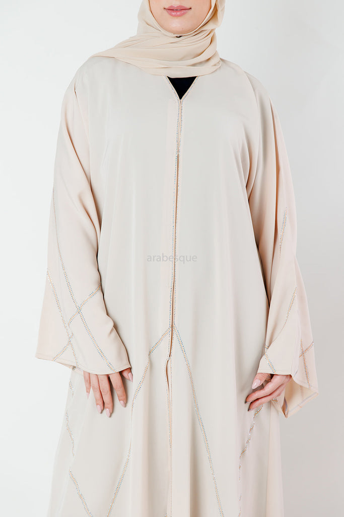 Beige Open Abaya - Luxury Nidha Fabric with Vertical Diamante Embellishment