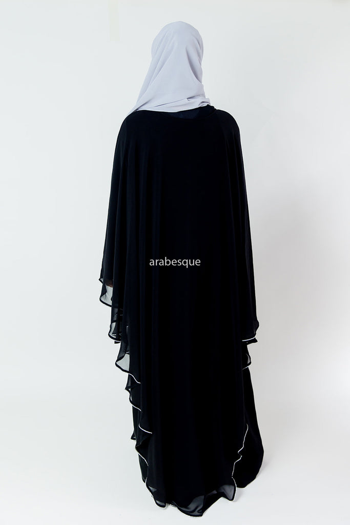 Black Closed Abaya – Luxury Chiffon Cape Overlay with Silver Piping & Diamante Detailing