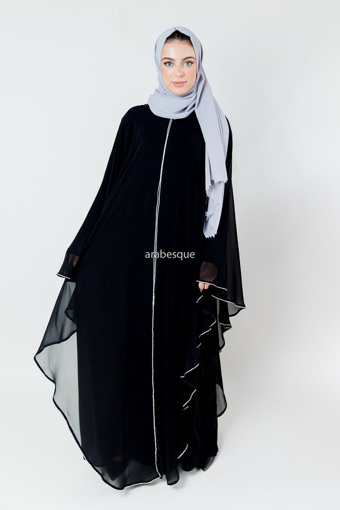 Black Closed Abaya – Luxury Chiffon Cape Overlay with Silver Piping & Diamante Detailing