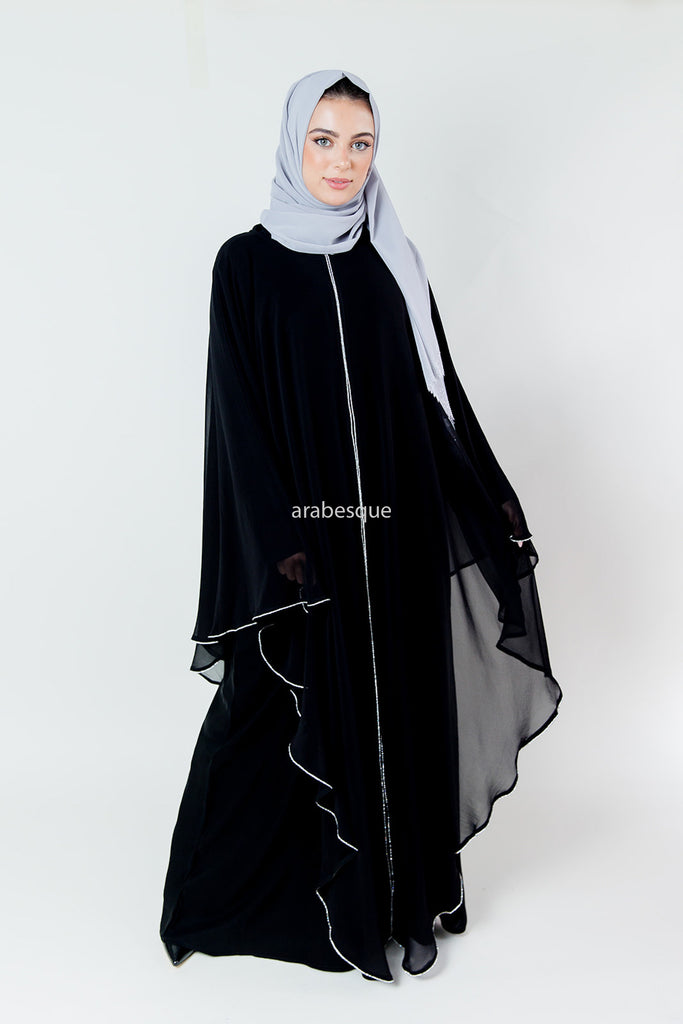 Black Closed Abaya – Luxury Chiffon Cape Overlay with Silver Piping & Diamante Detailing