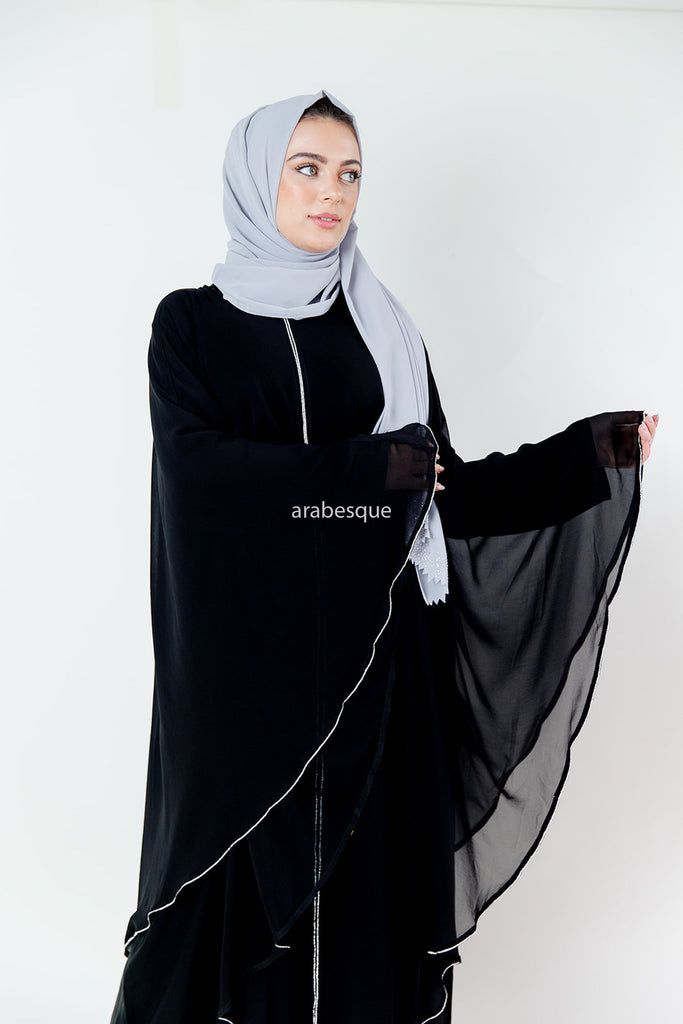 Black Closed Abaya – Luxury Chiffon Cape Overlay with Silver Piping & Diamante Detailing