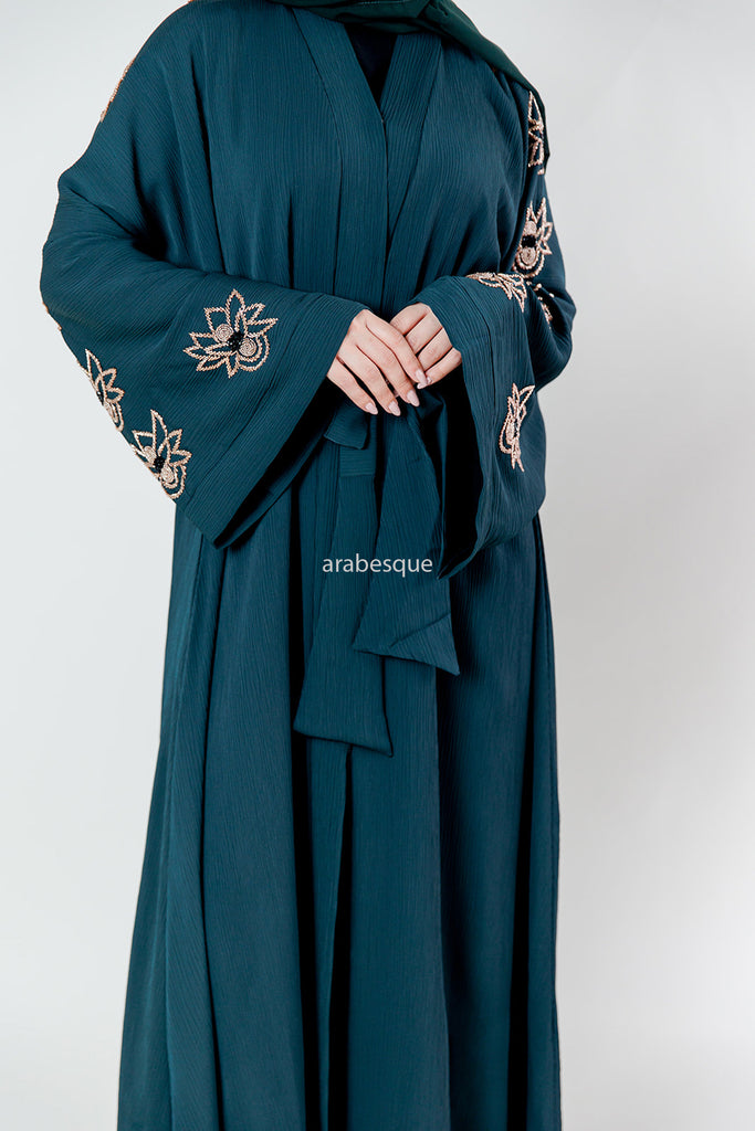 Green Blossom Embellished Pleated Abaya with belt