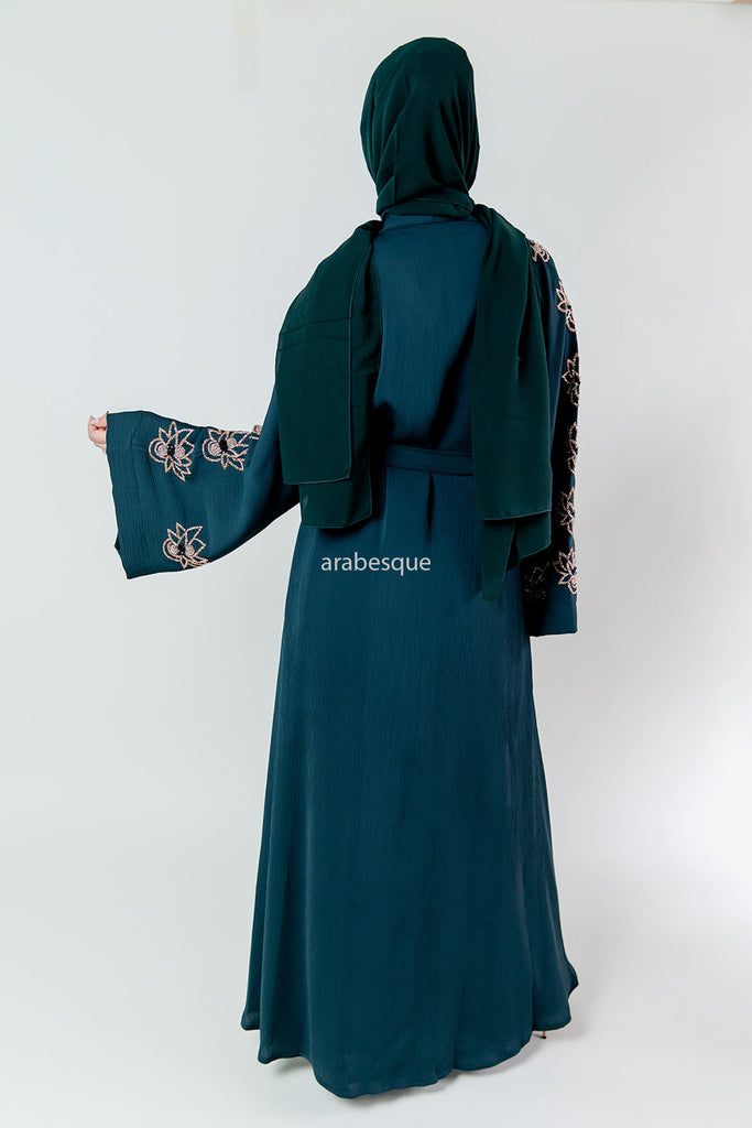 Green Blossom Embellished Pleated Abaya with belt