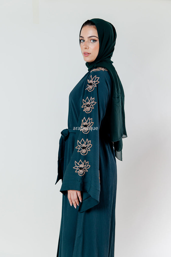 Green Blossom Embellished Pleated Abaya with belt