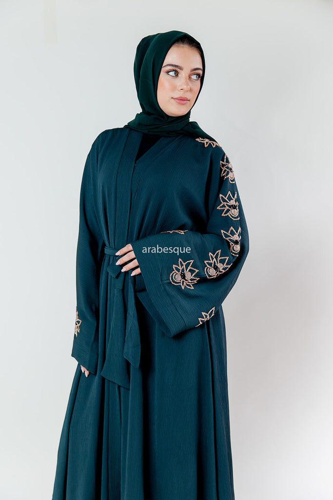 Green Blossom Embellished Pleated Abaya with belt