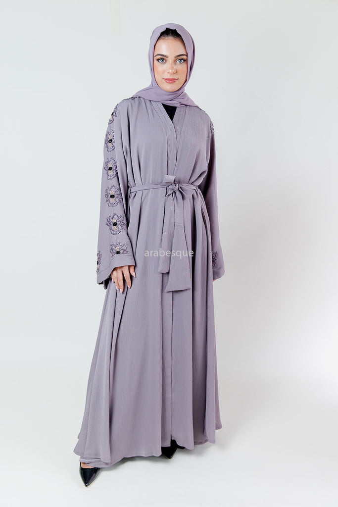 Lilac Blossom Embellished Pleated Abaya with belt