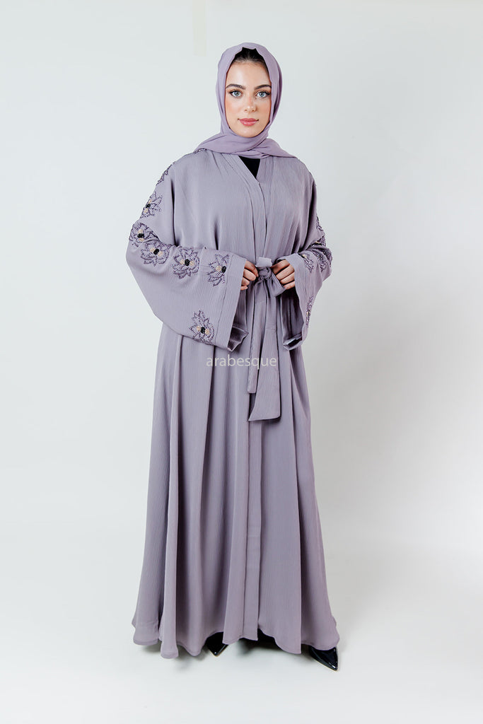Lilac Blossom Embellished Pleated Abaya with belt