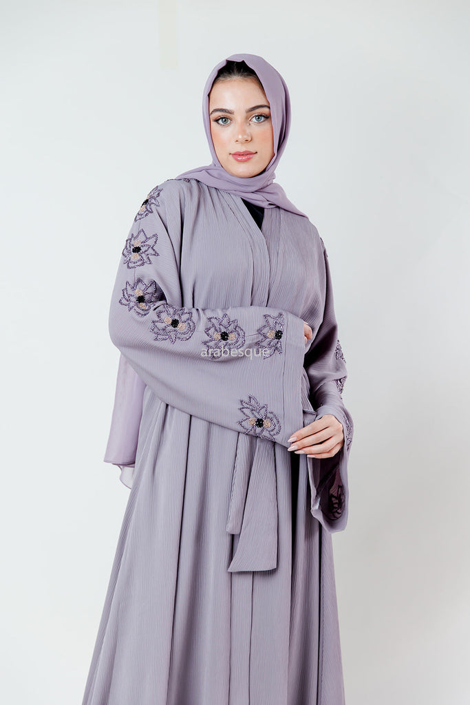 Lilac Blossom Embellished Pleated Abaya with belt