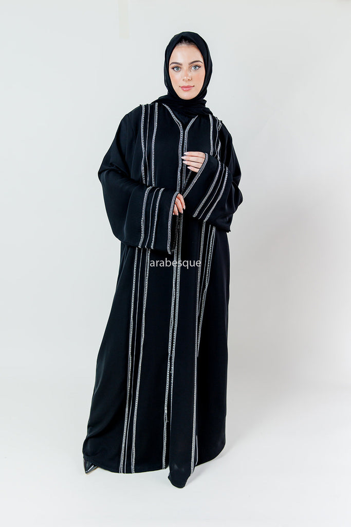 Black Open Abaya – Luxury White Thread Stripe Detailing