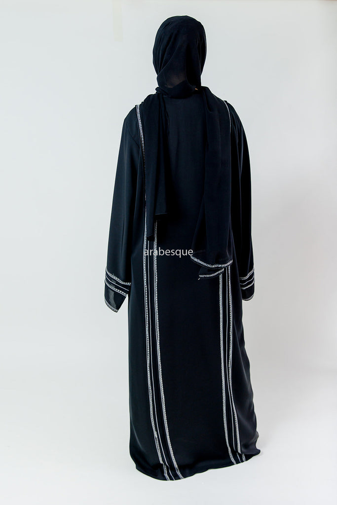 Black Open Abaya – Luxury White Thread Stripe Detailing