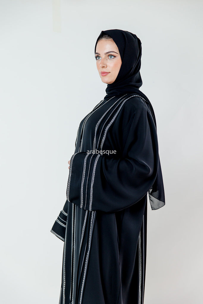 Black Open Abaya – Luxury White Thread Stripe Detailing