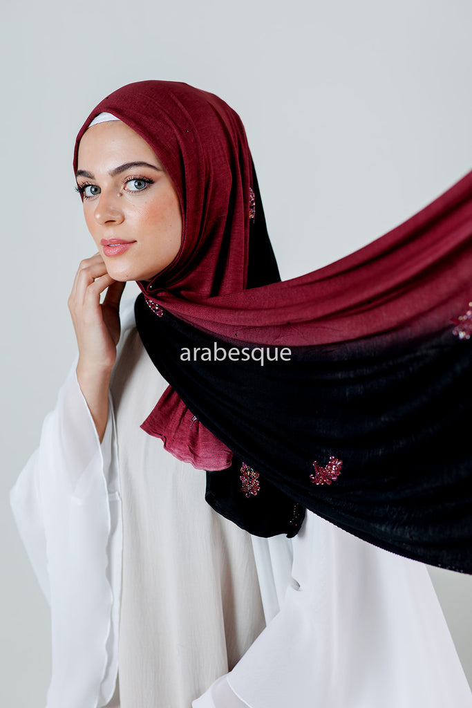 Ombre Kashkha Embroidered Leaf Jersey Hijab