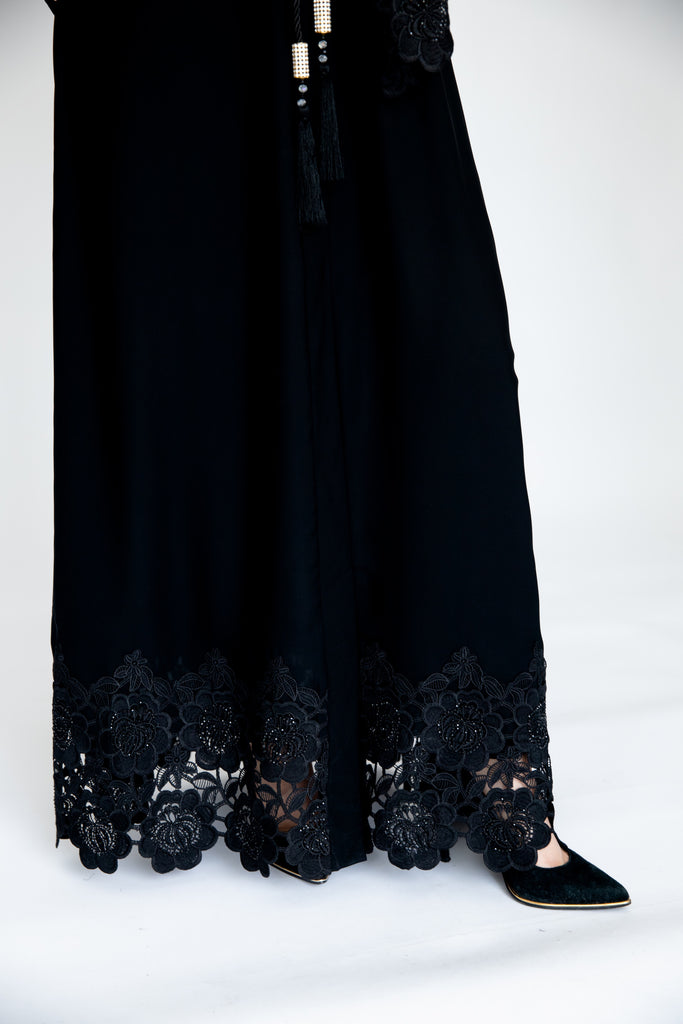 Black Open Abaya – Luxury Drawstring Design with Black Lace Trim