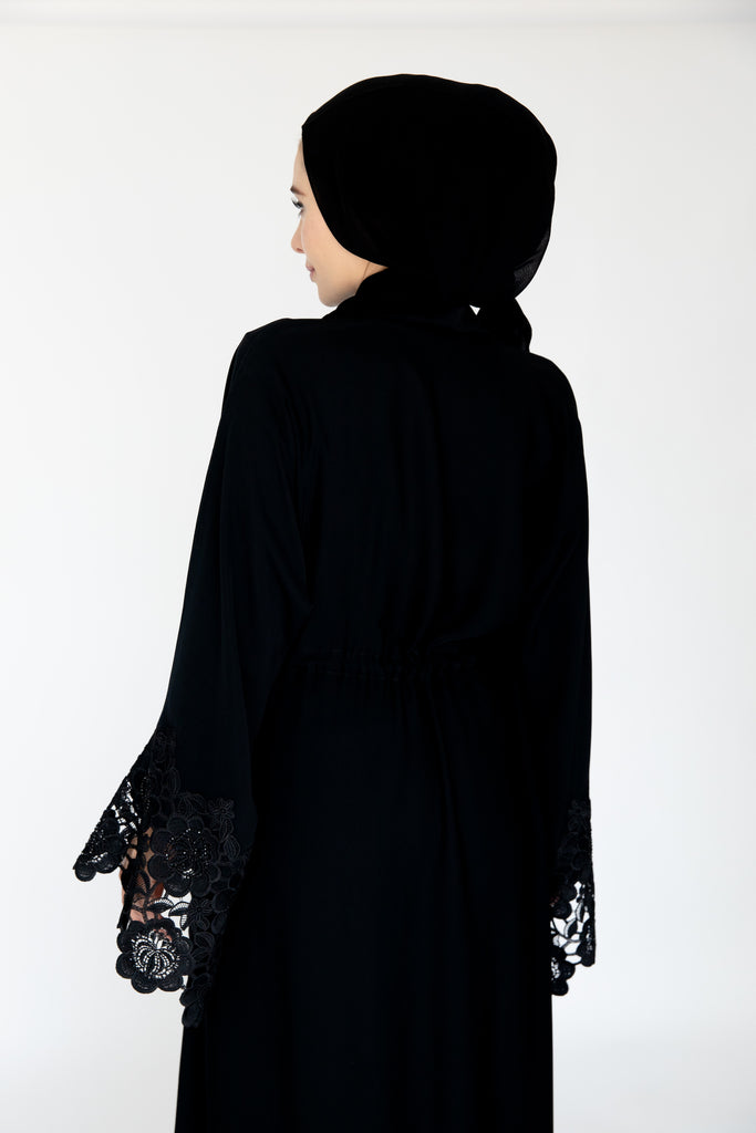 Black Open Abaya – Luxury Drawstring Design with Black Lace Trim