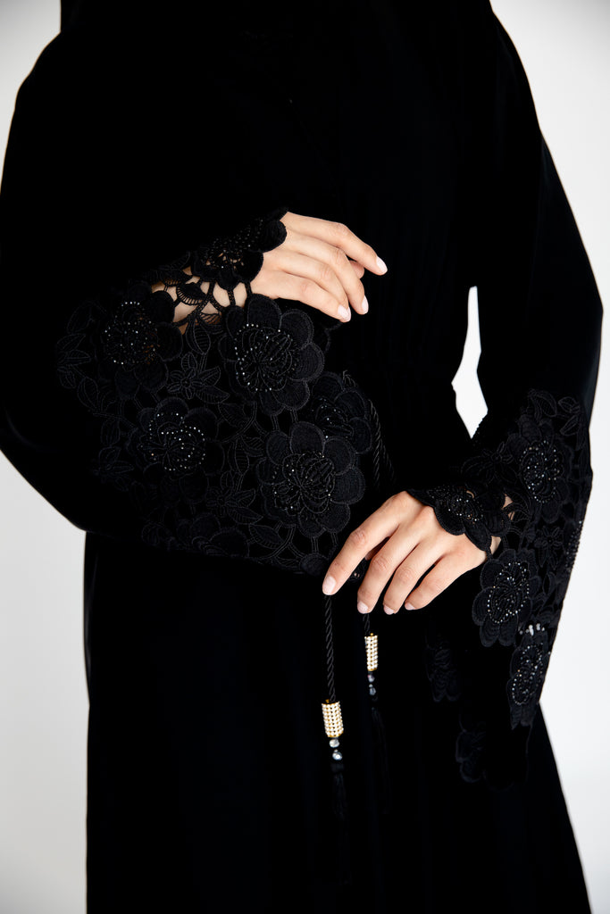 Black Open Abaya – Luxury Drawstring Design with Black Lace Trim