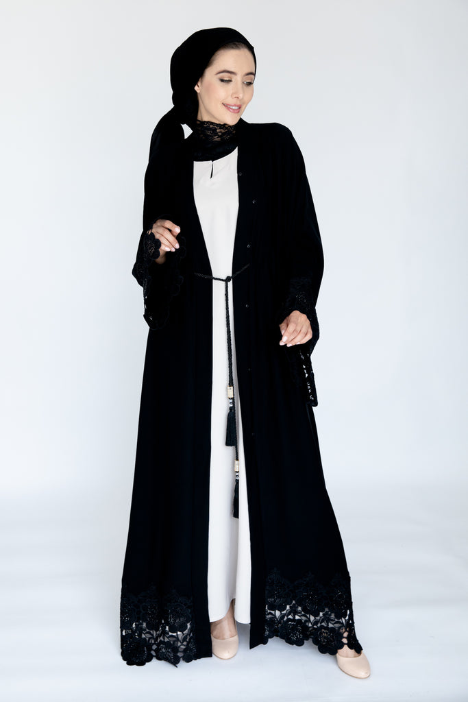 Black Open Abaya – Luxury Drawstring Design with Black Lace Trim