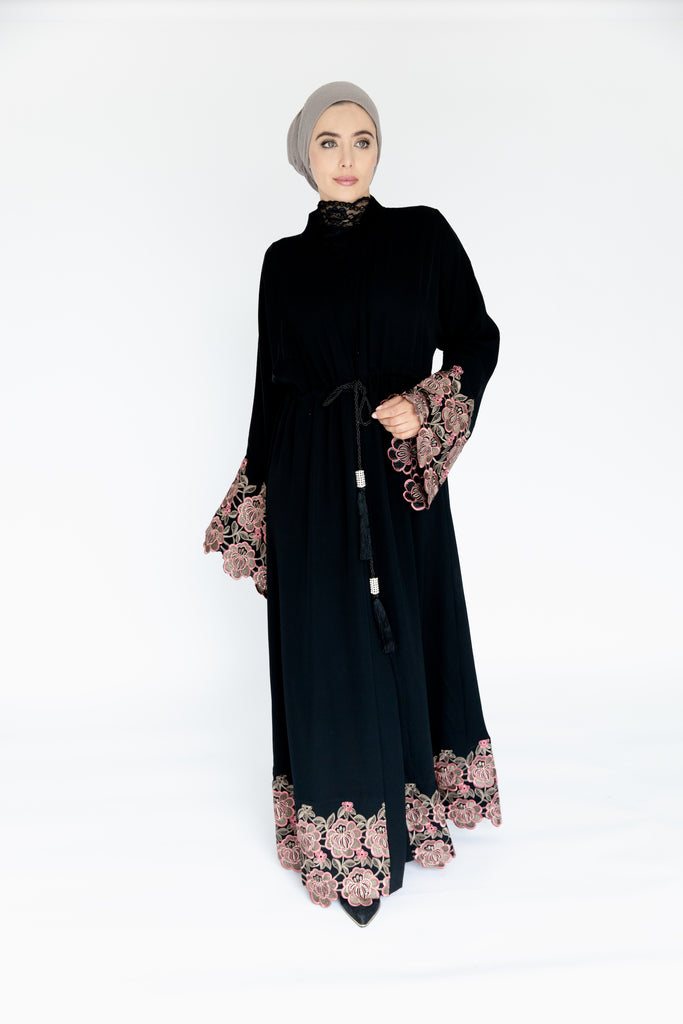Black Open Abaya – Pink Floral Embroidered Sleeves and Hem with Drawstring Waist