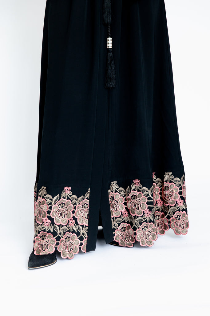 Black Open Abaya – Pink Floral Embroidered Sleeves and Hem with Drawstring Waist