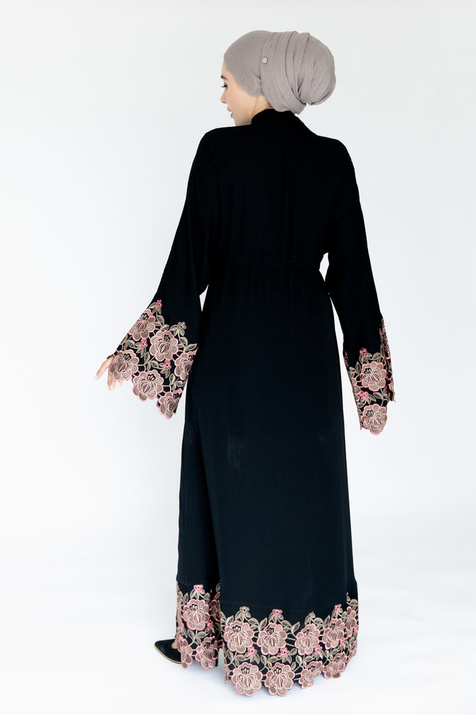 Black Open Abaya – Pink Floral Embroidered Sleeves and Hem with Drawstring Waist