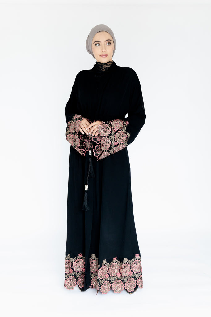 Black Open Abaya – Pink Floral Embroidered Sleeves and Hem with Drawstring Waist