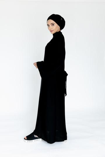 Plain Black Abaya with tie-back belt