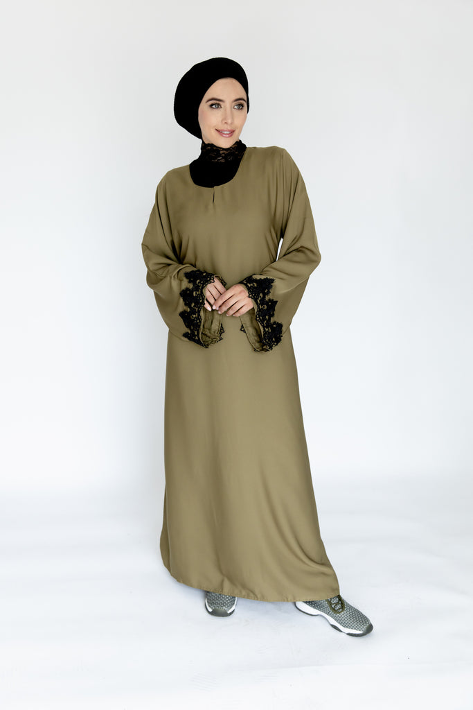 Plain Olive Abaya with Black Lace Sleeves and Attached Belt