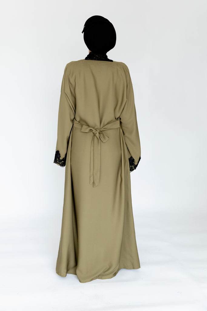 Plain Olive Abaya with Black Lace Sleeves and Attached Belt